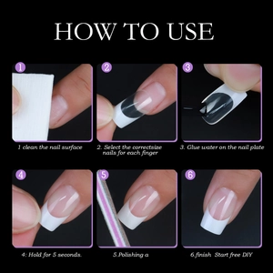 Step-by-step application guide for multi-colored square press-on nails on black background