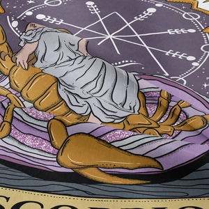 Macro view of Scorpio zodiac tapestry showing golden scorpion print on purple twill fabric