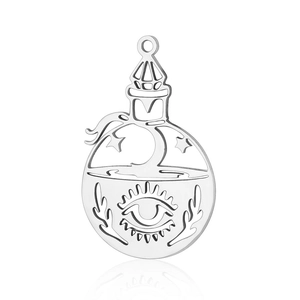 Close-up of witch bottle pendant with moon and eye symbols in polished stainless steel