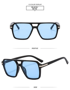 Detail view of retro square sunglasses with black frames and light blue lenses