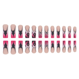 Halloween press-on nails set featuring bat and spider web patterns on rose red gradient