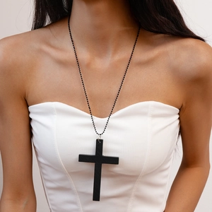 Collier Pendentif Croix En Bois Noir Longue Chaîne À Boules En Fer Gothique Bijoux Religieux Rétro Style Minimaliste
