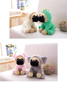 Adorable Shar Pei plush dogs wearing colorful dinosaur, pig, and elephant hoodies