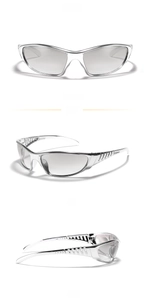 Detail view of Y2K silver wrap sunglasses featuring mirrored lenses and hollowed temple design