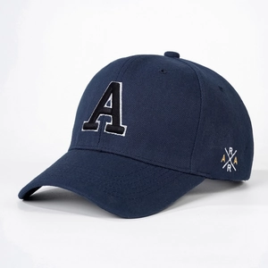 Navy blue cotton baseball cap with white bordered letter A embroidery and side accents