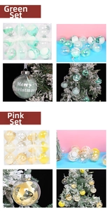 Detailed set of 12 clear PET Christmas ornaments with green feathers and gold ribbons