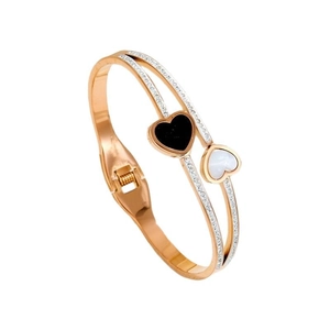 Elegant 18K rose gold plated titanium steel bangle with twin heart shell inlays and pavé crystals