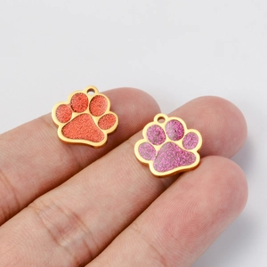 Golden stainless steel glitter paw print pendants for DIY pet tags and jewelry making