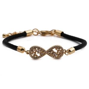 Infinity copper zircon bracelet with black braided rope and adjustable gold chain
