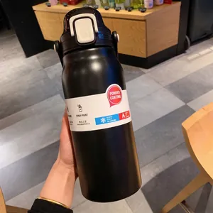 Matte black stainless steel sports vacuum flask with handle and straw lid