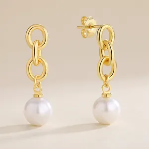 Triple Geometric Ring Shell Artificial Pearl Drop Earrings For Women Brass 18K Gold Plated With 925 Sterling Silver Earring Post