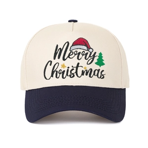 Detail showing high-quality Merry Christmas embroidery on a 5-panel trucker hat