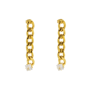 Golden Cuban chain earrings with square cubic zirconia drops in stainless steel