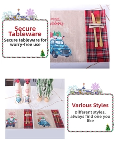 Detail of Christmas placemats with utensil pockets and festive red truck designs