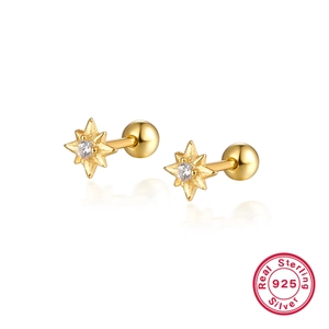 925 Sterling Silver Octagram Stud Earrings Rhinestone Minimalist Eight-Pointed Star Screw Back Cartilage Earrings For Women