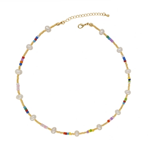 Colorful summer beaded necklace with natural pearls and adjustable gold lobster clasp