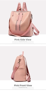 Detail view of pink PU leather anti-theft backpack with dual adjustable fabric straps
