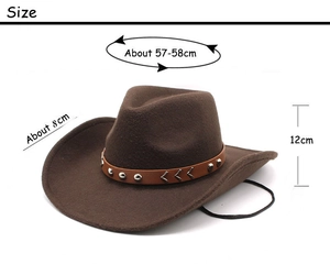 Detail of wool fedora with leather band showing 12cm height and 8cm brim size