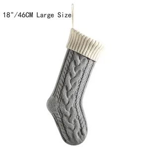 Large 18-inch grey knitted Christmas stocking with classic cable stitch and white cuff
