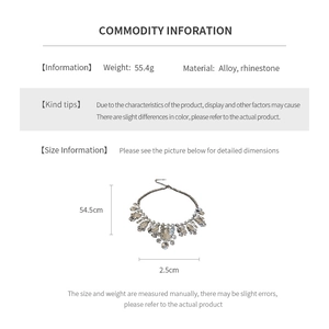 Detailed sizing chart and weight info for teardrop rhinestone necklace with measurements