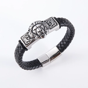 Men's punk braided black leather bracelet with silver stainless steel lion head