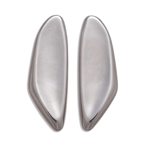 Irregular geometric silver stud earrings with a sleek metallic fluid design on white background
