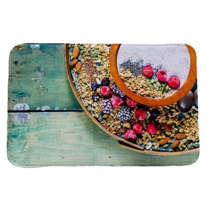 Absorbent flannel floor mat featuring a healthy breakfast smoothie bowl print on wood