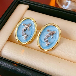 Vintage gold oval earrings with light blue enamel, whale motif and pearls in a gift box