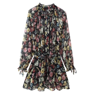 Floral Print Chiffon Dress Long Sleeve Ruffle Neck Tie Waist Elegant Holiday Style Women Mini A-Line Dress