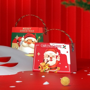 Red Christmas gift boxes with Santa Claus and reindeer illustrations and ring handles