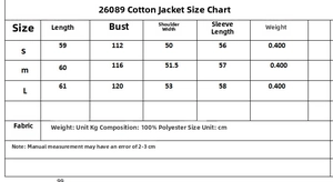 Detailed size chart for women's quilted jacket with measurements for S, M, and L sizes