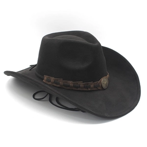 Detail of black felt cowboy hat featuring vintage star emblem and adjustable chin strap