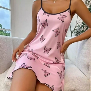 Pink silk slip nightdress with butterfly print, thin straps and wavy hem for women