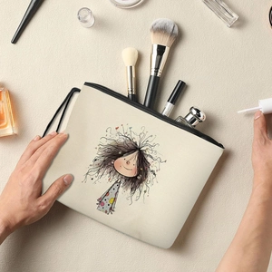 Trousse à maquillage en toile crème avec imprimé dessin animé et poignée noire