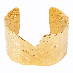 Modern hammered 18k gold plated stainless steel wide cuff bracelet with irregular wavy edges