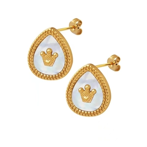 Elegant gold titanium crown teardrop earrings with white shell inlay and beaded edges