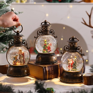 Vintage Christmas lantern music box with glowing snow globe and Santa Claus scene