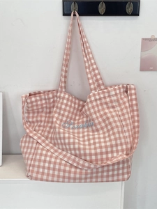Pink and white checkered canvas tote bag with floral embroidery and dual shoulder straps