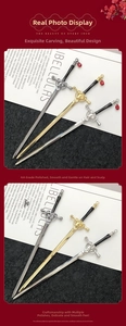 Detailed close-up of sword-shaped hairpins with red crystal droplets and polished finish