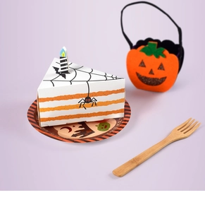 Halloween party set with cake-shaped treat box, pumpkin basket, plate and wooden fork
