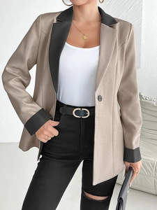 Veste Blazer Femme Revers Poignets Contrastés Coupe Slim Polyester Manches Longues Élégant Travail Bureau Extérieur