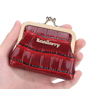Deep red crocodile pattern patent leather coin purse with golden kiss lock closure