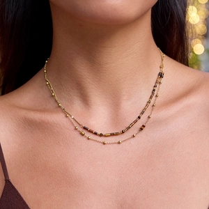 Vintage Tiger Eye Stone Double Layer Necklace Stainless Steel Gold Plated Beaded Layered Choker For Women Bohemian Jewelry