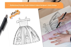 Detailed design sketch of a Halloween pumpkin witch dress for girls with festive elements