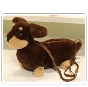 Detail view of plush dachshund crossbody bag with adjustable strap and zip closure