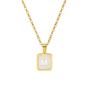 18K gold plated stainless steel necklace with square white shell M letter pendant