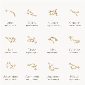 Detailed grid of twelve gold zodiac sign stud earrings featuring sparkling rhinestones