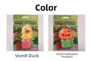 Pooping Slime Sucker toy featuring yellow duck and Halloween pumpkin styles with slime