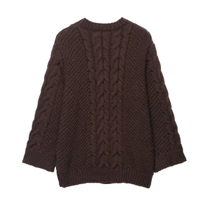 Deep brown oversized chunky cable knit sweater with long sleeves and round neck style