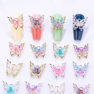 3D laser gradient butterfly nail charms with gold and silver frames for DIY manicure art